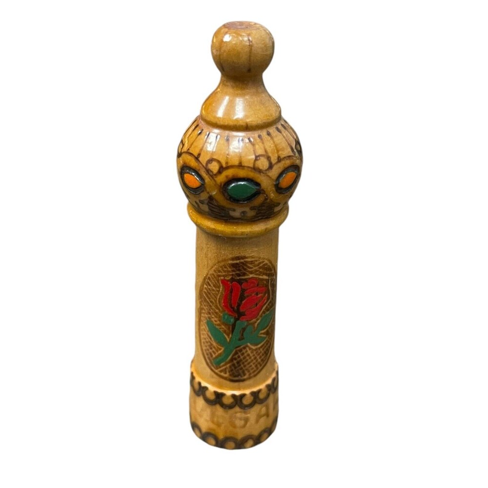 Vintage Wood Carved PERFUME BOTTLE HOLDER Bulgarian. era USSR W/perfume